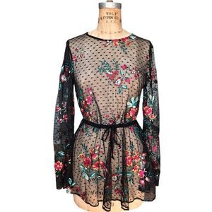 ZARA Sheer Black Floral Embroidered Mesh Blouse Size M